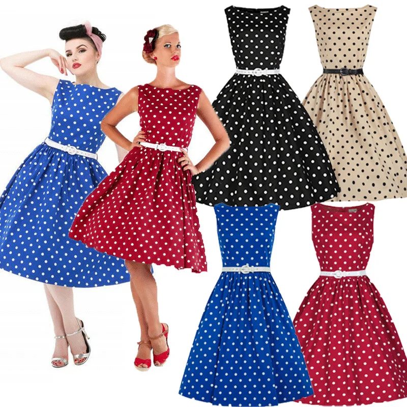 Женское винтажное платье в горошек красное черное абрикосовое синее|Женские