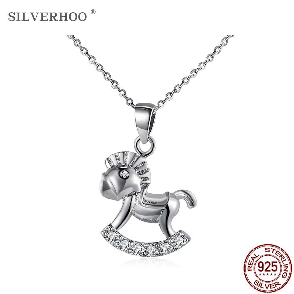 

SILVERHOO 925 Sterling Silver Trendy Cute Horse Pendant Necklaces For Women Shiny Cubic Zirconia Choker Necklace Silver Jewelry