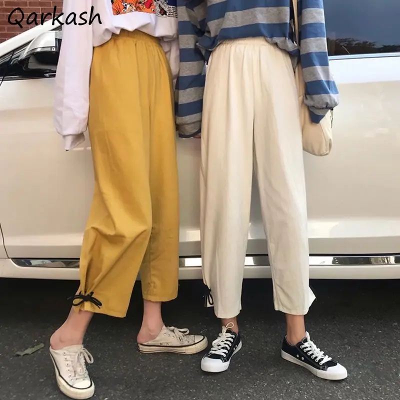 

Women Casual Pants Solid Ankle-length Bundle Feet Lovely Korean Style Sweet Students Loose Retro Harajuku Daily Plus Size S-3XL