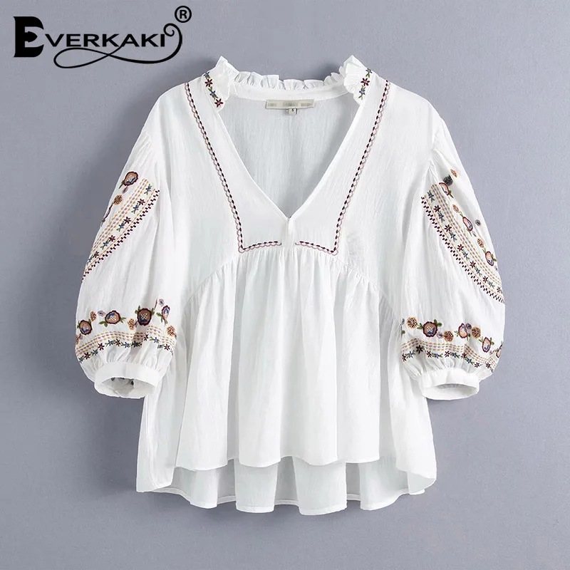 White Everkaki Boho вышитые Хлопковые женские рубашки, футболки, топы, однотонные белые женские блузки с коротким рукавом, рубашки, женские топы Осень новинка - Цвет: White