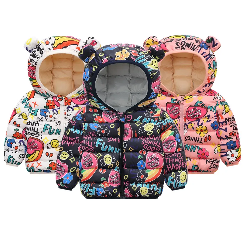 

2021 Winter New Children's Print Hooded Down Jacket Children's Cartoon Printed Lightweight Short Warm Hooded Down Jacket