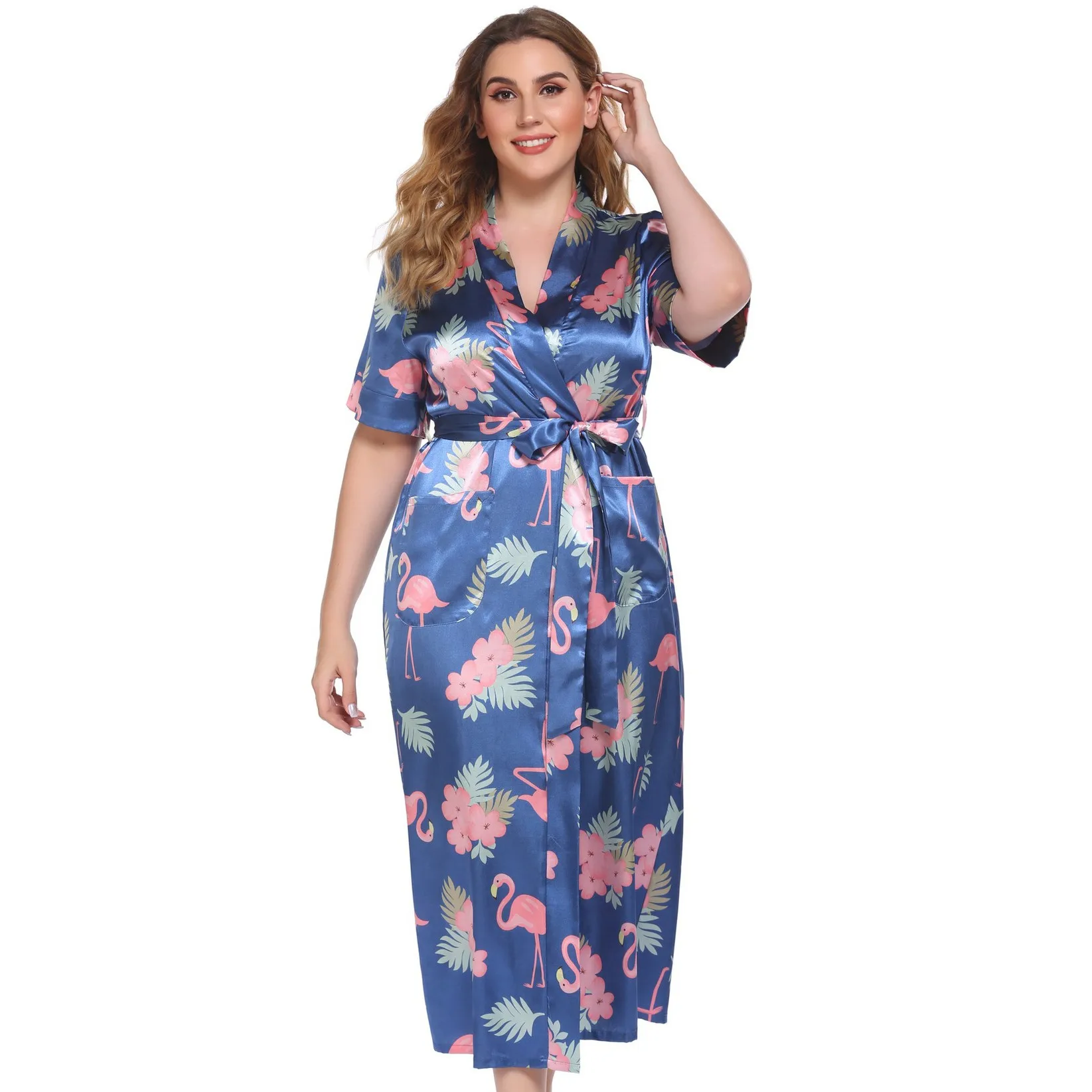 

Blue Sexy Robe Kimono Bath Gown Home Wear Sleepwear Rayon Print Flower Nightwear Night Dress Women Nightgown Intimate Lingerie