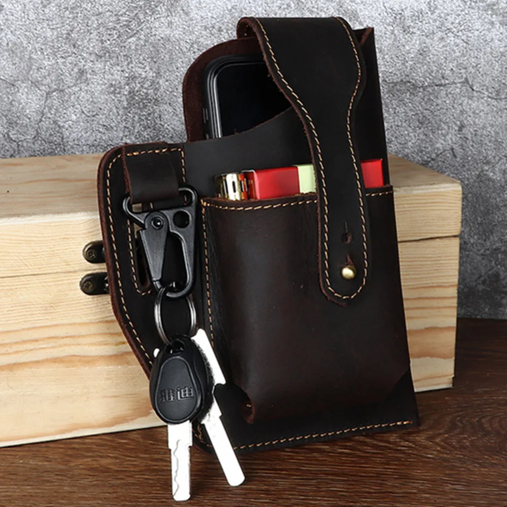 Retro 100% first layer cowhide belt bag Crazy Horse leather sports package mobile phone cigarette handmade wallet storage bags