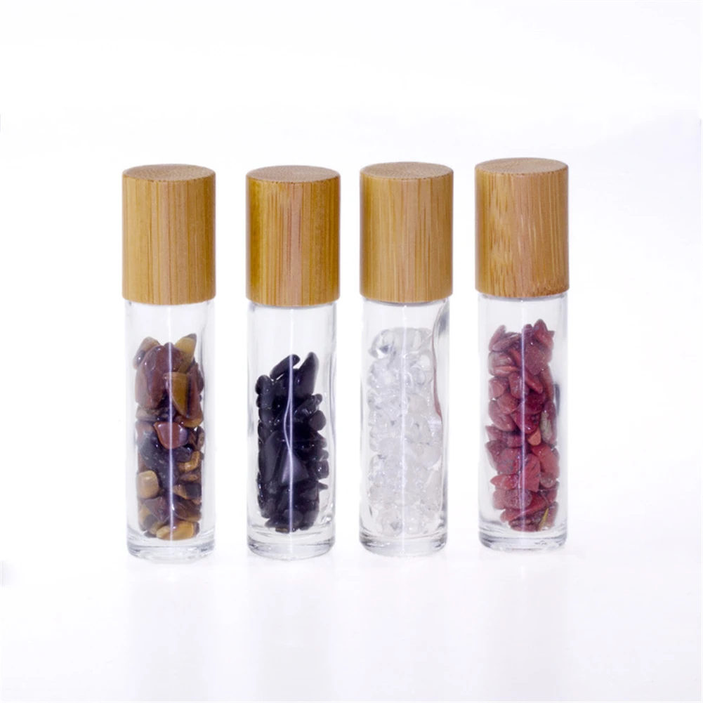 

10ml 10pcs Mini Natural Semiprecious Gemstones Essential Oil Roller Ball Bottles Transparent Glass with Bamboo Lid Cap