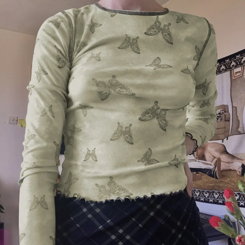 

Женская футболка с длинным рукавом, круглым вырезом и принтом