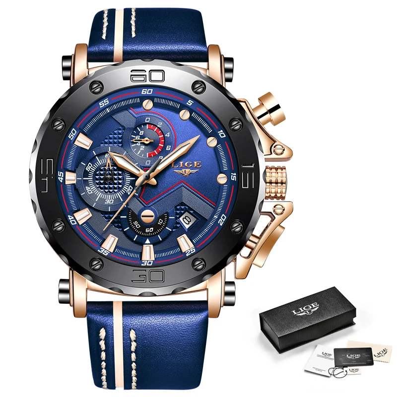 

LIGE Mens Watches Top Brand Luxury Military Sport Watch Men Black Leather Analog Quartz Watch Waterproof Relogio masculino+Box