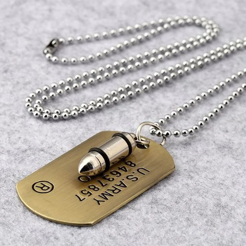 

High Quality Fashion Men Military Army Bullet Charm Label Single Embossed Pendant Necklace Jewelry Gift