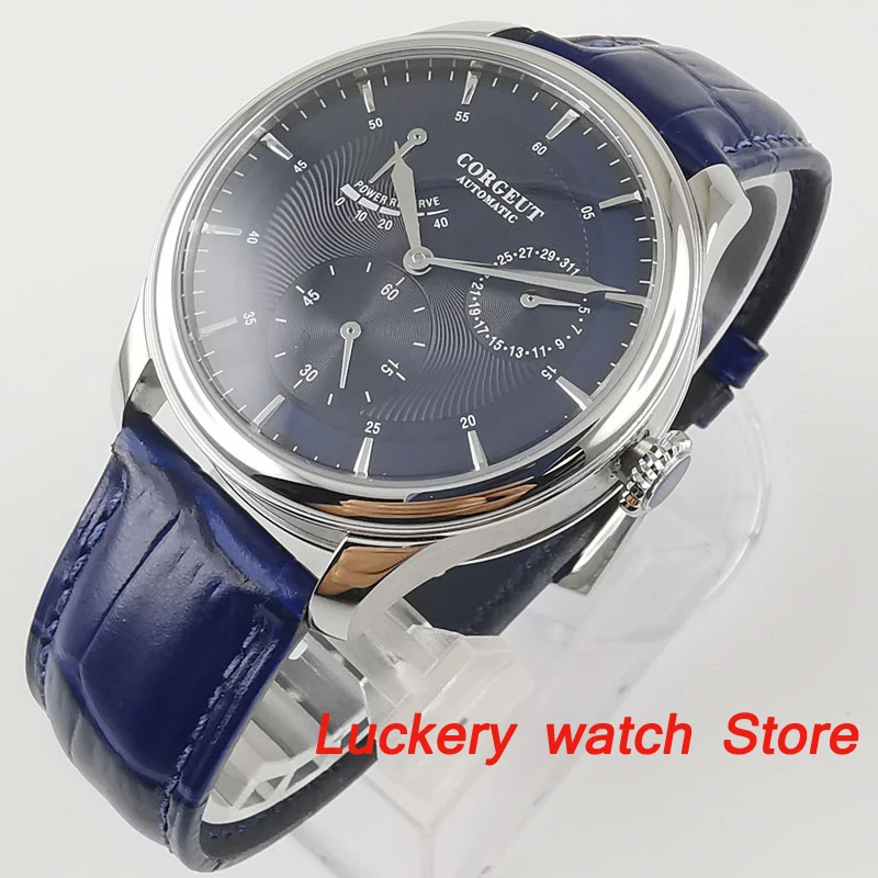 

Мужские часы CORGEUT, 40 мм, синий циферблат, кожаный ремешок, отображение даты, запасная мощность, Роскошные автоматические механические часы