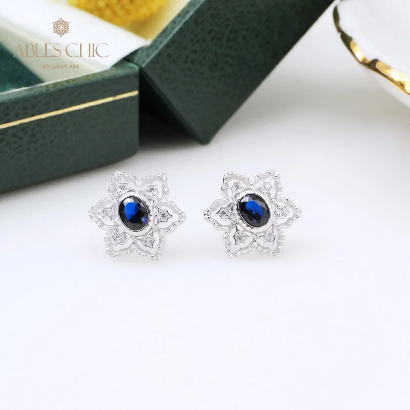 

925 Silver Elegant Filigree Flower Sapphire CZ Earrings Gemstone Blossoms Renaissance Ruby Emerald Studs Earring C11E4S25383