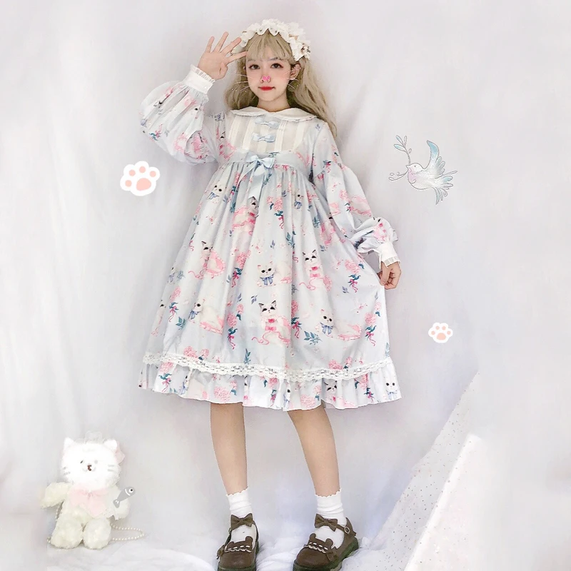 

Autumn Lolita Dress Kawaii Pink Latern Sleeves Lace Gothic Lolita Clothing Soft Girls Tea Party Costume Cartoon Cat Print BL4350
