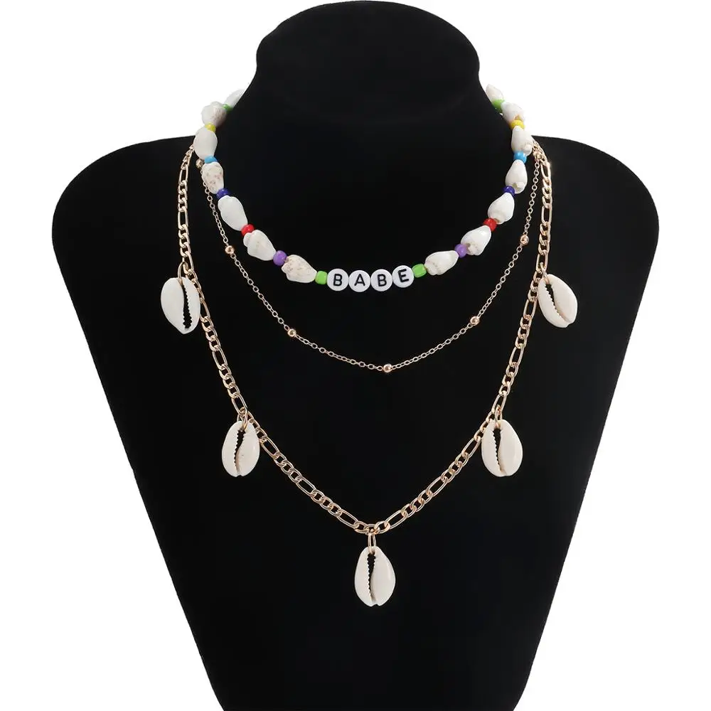 

IngeSight.Z 3Pcs/Set Boho Summer Beach Shell Conch Pendant Necklace Charm Letter BABE Choker Necklaces Collar for Women Jewelry