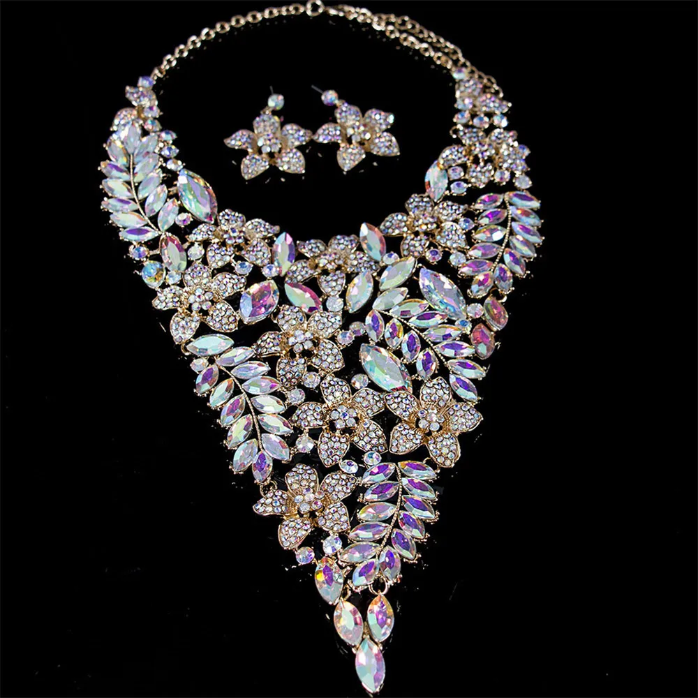 

New Fashion Leaves Flowers Bridal Jewelry Sets Wedding Necklace Earrings Sets for Brides Women's Party Costume Crystal Jewellery