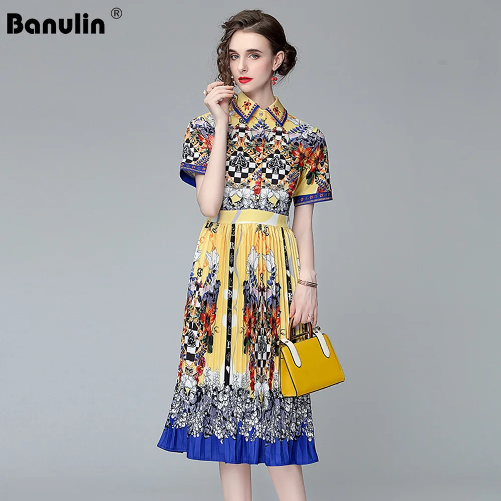 

Banulin 2021 Summer Runway Shirt Dress Women's Turn-Down Collar Short Sleeve Vintage Print Designer Midi Pleated Dress Vestidos