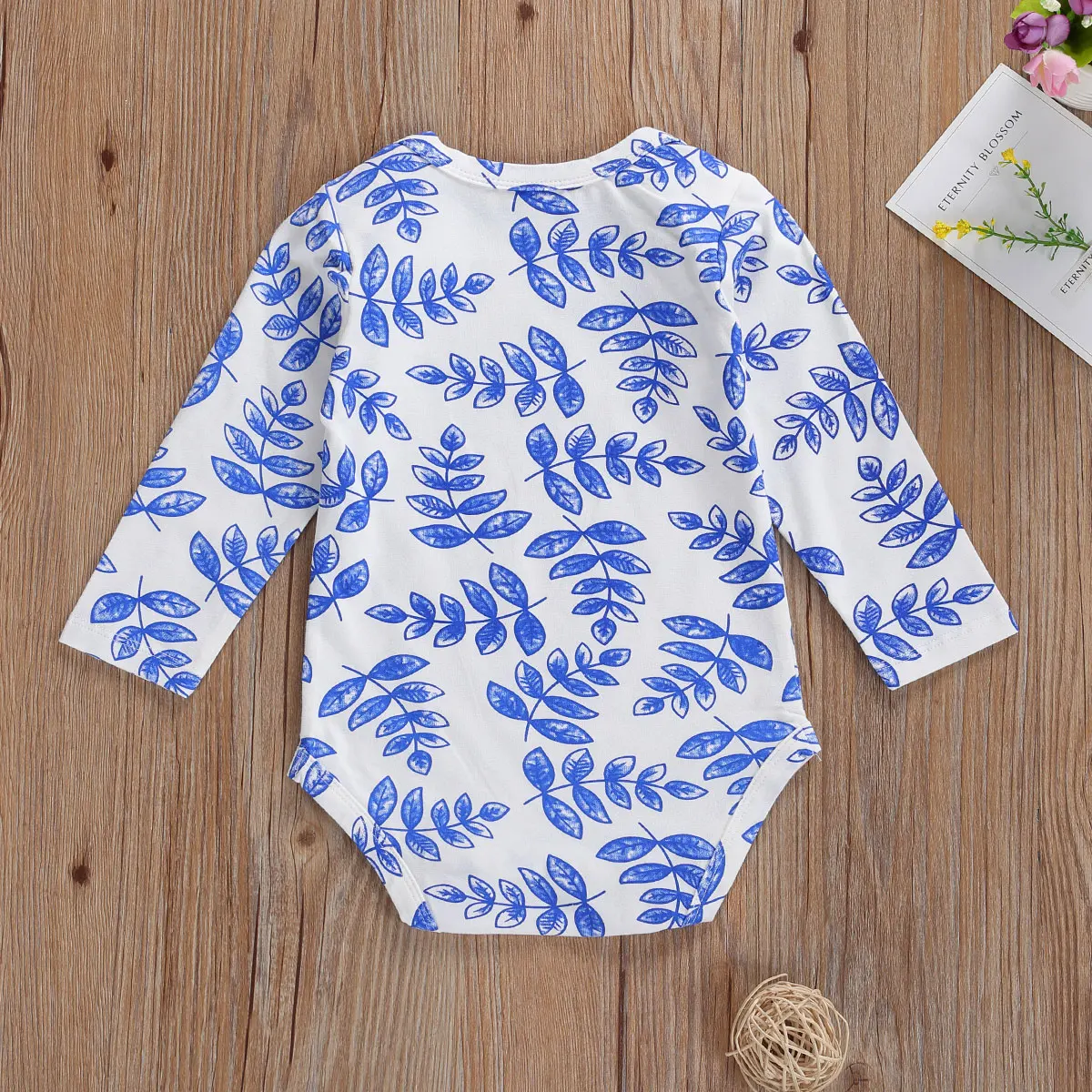 

0-24M Newborn Baby Leaves Print Round Neck Long Sleeve Jumpsuit Bodysuit