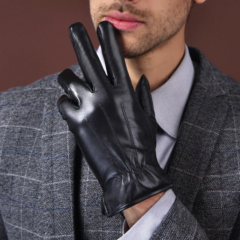 Зимние кожаные перчатки мужские с сенсорным экраном черные модные теплые для вождения Goatskin варежки Guantes Luvas