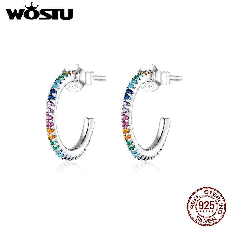 WOSTU натуральная 925 пробы радужные серьги-гвоздики красочные циркониевые простые