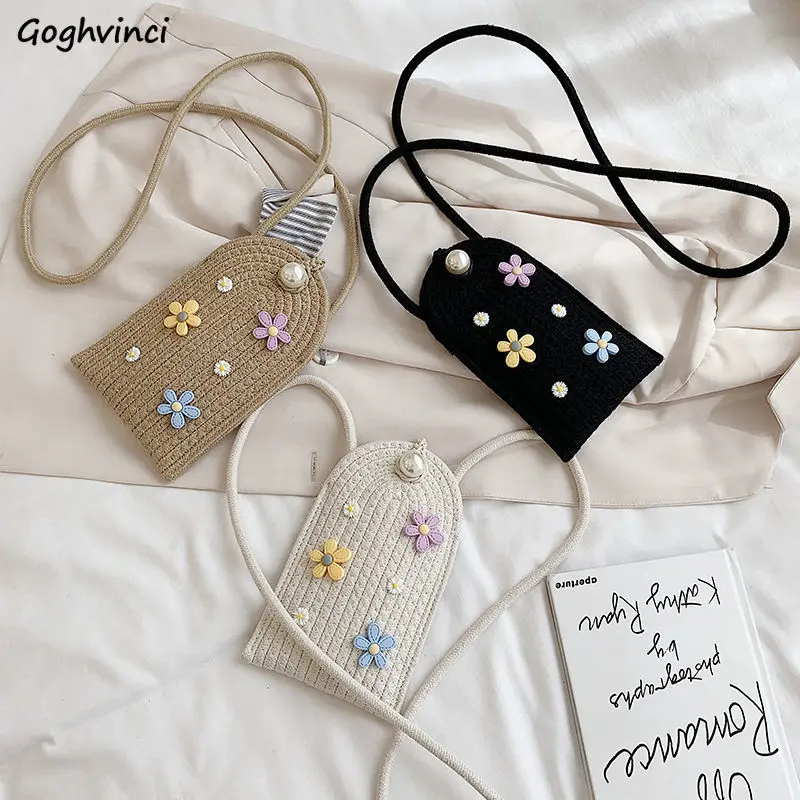 

Flowers Pearl Summer Women Woven Bags Sweet Girls Beach One-shoulder Cross-body Flaps Mini Stylish Retro Students All-match Chic