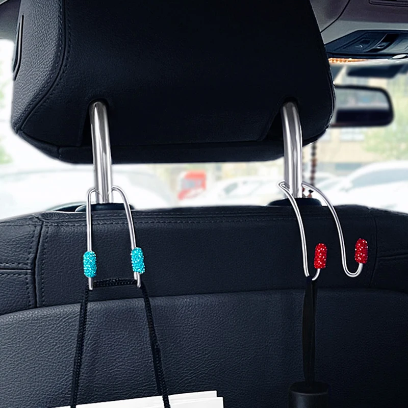 

2 Pack Universal Seat Back Organizers Bling Diamond Car Headrest Bag Hangers Strong Durable Auto Back Seat Storage Hooks