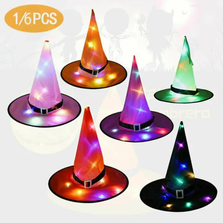 

1/6PCS Halloween LED Light Up Witch Hat Glowing Witches Props Hanging Ornaments Supplies Outdoor Tree Hanging Decoration