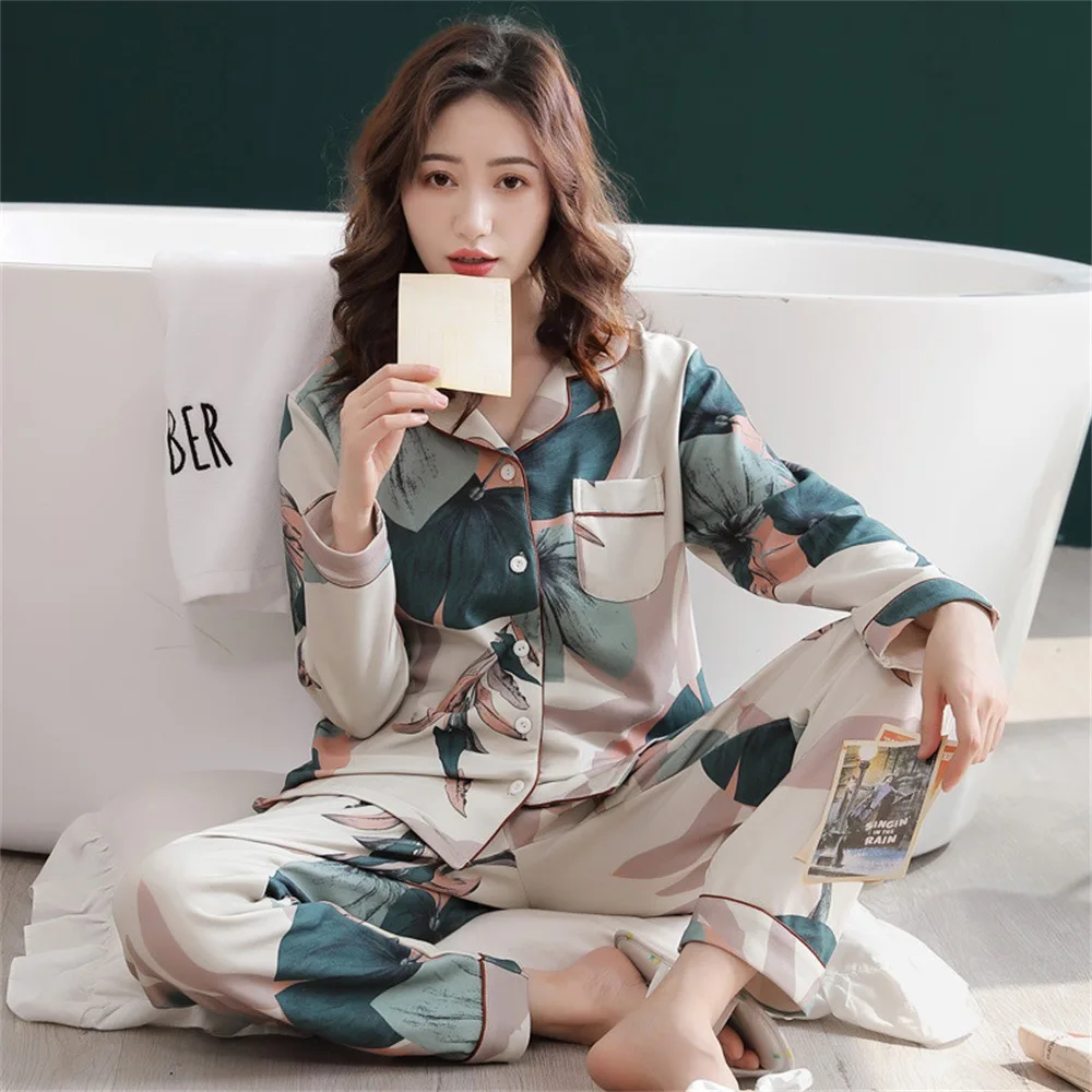 

Cotton pajamas women summer long-sleeved trousers two-piece suit women's satin loose printed home wear casual fashion pajamas
