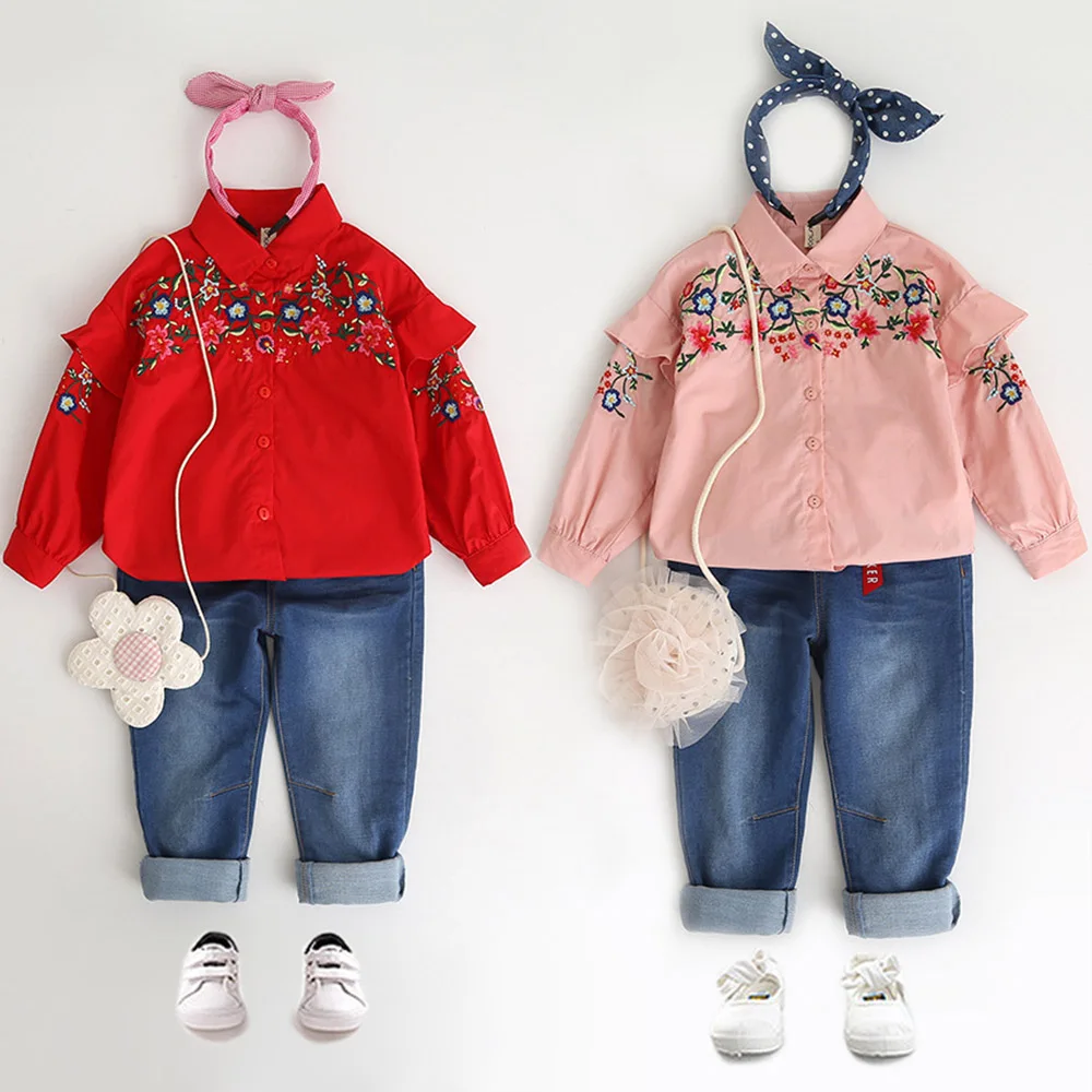 Модная брендовая Блузка для девочек с цветочной вышивкой милая детская Весенняя