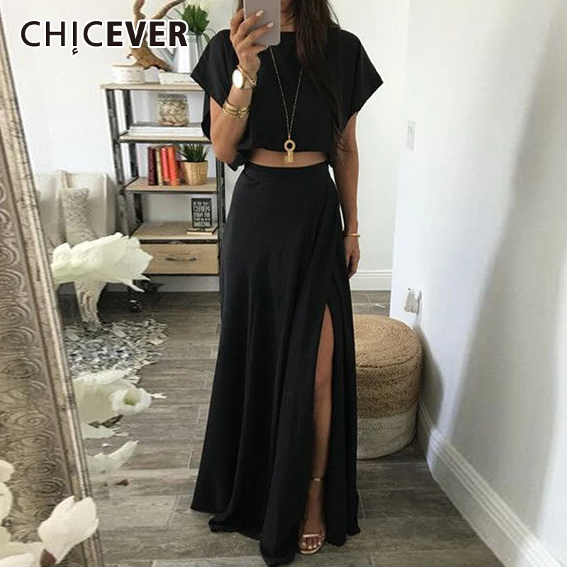 

CHICEVER, сексуальный свободный комплект из двух предметов для женщин, с круглым вырезом, с короткими рукавами, топы с высокой талией, с разрезом...