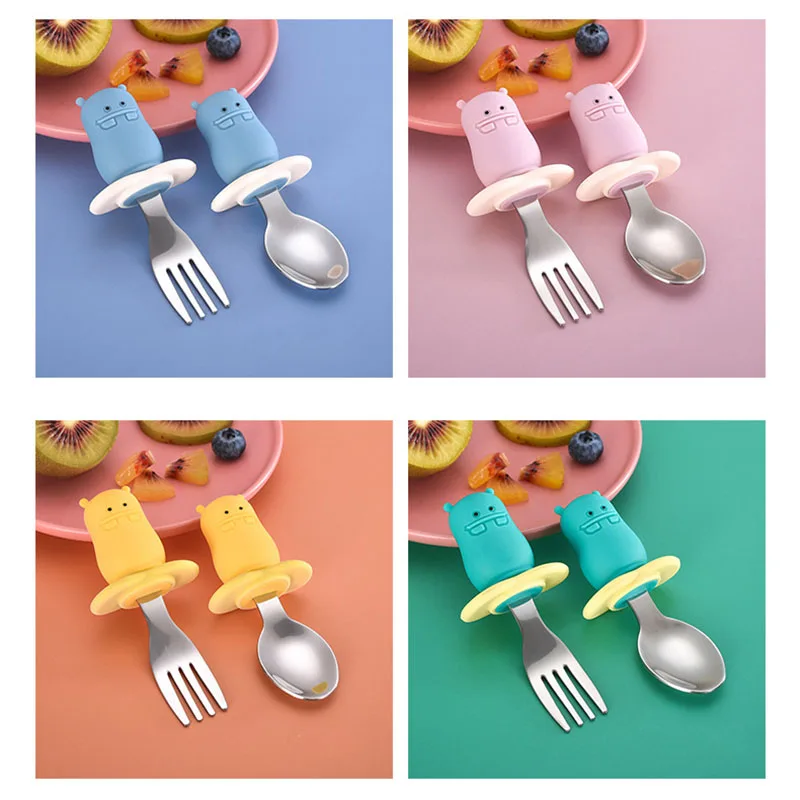 Juego de 2 unids/set de cuchara de alimentaci&oacute;n infantil, tenedor de f&aacute;cil agarre, vajilla suave con patr&oacute;n de dibujos animados para beb&eacute;, vajilla de silicona/acero inoxidable 316 para beb&eacute;-3