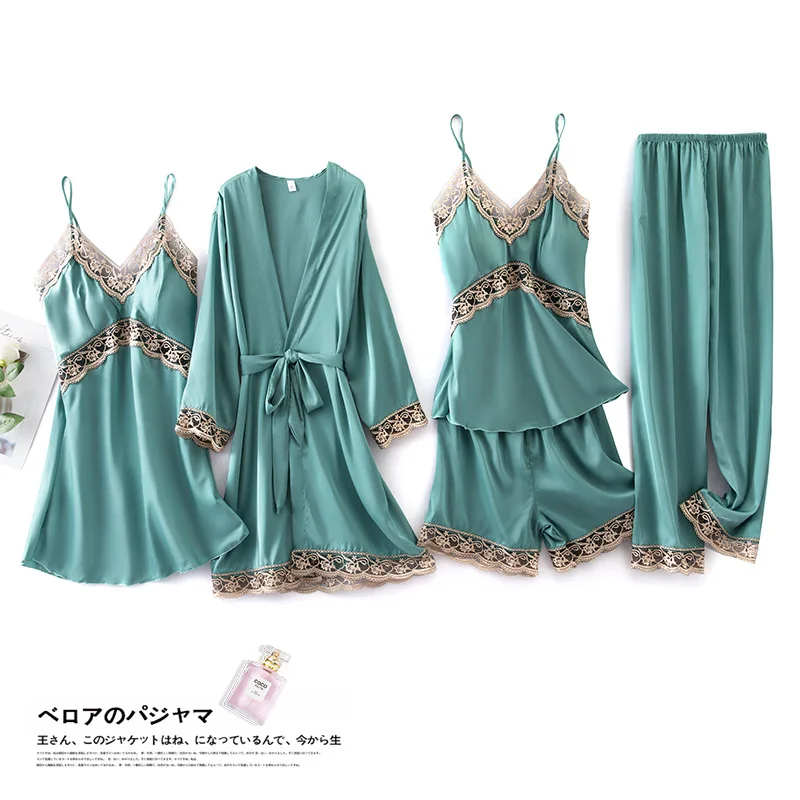 

Домашняя одежда, ночная рубашка, Сексуальный Атласный халат, ночная рубашка, Женский комплект из 5 предметов, пижамный комплект из зеленого ...