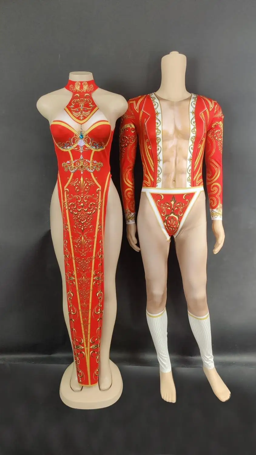 

Sexy Lady Nightclub Party Bar Stage And Dance Sexy Wear High Slit Fashion Design Beautiful Red Printed Luxury Noble Cheongsam