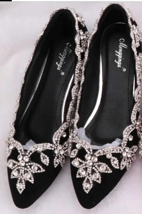 Black Suede pointed Туфли на плоской подошве с украшением в виде кристаллов, стразы, цветы; замшевые, сатиновые туфли из искусственной кожи; цвет на заказ; большие размеры 43; вечерние туфли - Цвет: Black Suede pointed