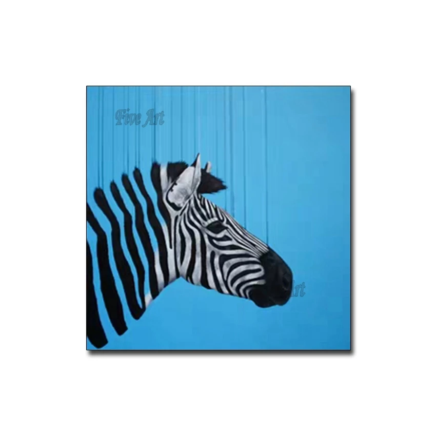 

Unframed Hand Painted Pictures Carton Blue and Yellow Zebra Oil Painting On Canvas Paintings For Living Room Modern Wall Art