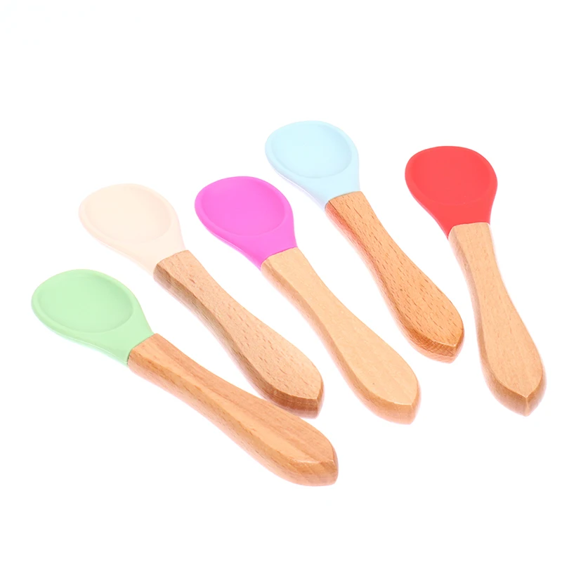 Cuchara de silicona para beb&eacute;, para aprendizaje cuchara de madera de Color caramelo, antideslizante, herramientas de alimentaci&oacute;n de alimentos-4