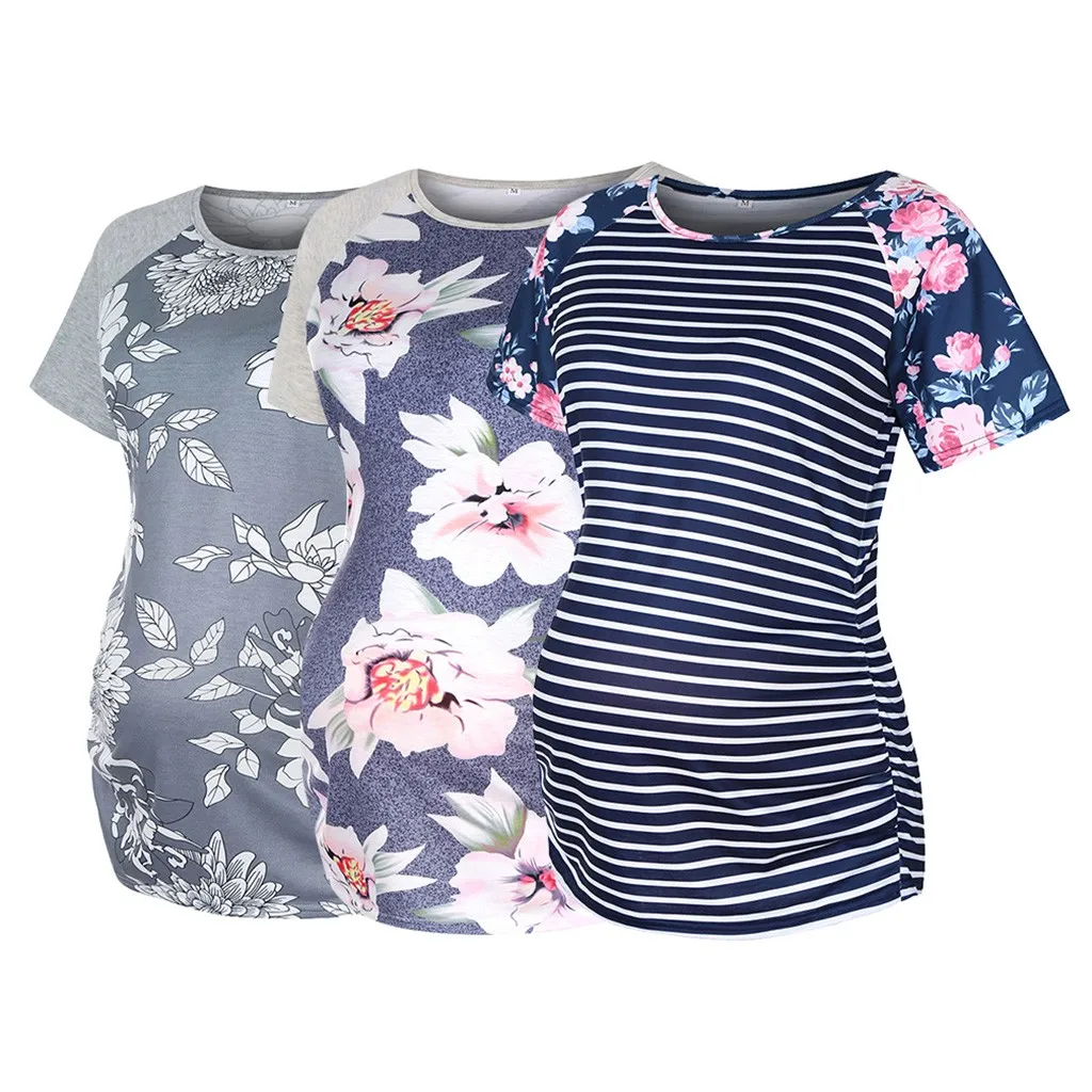 

LONSANT Maternity T-shirts short sleeve striped florals printed breastfeeding T-shirt tops Pregnant women Clothes Drop Ship 2020