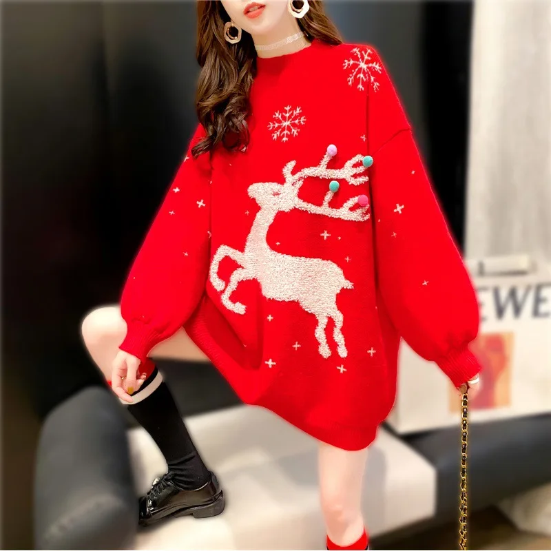 

hirigin Christmas Print Pullovers Sweaters Women’s Casual Long Sleeve Sweater Cartoon Elk Embroidery Round Neck Long Knitwear