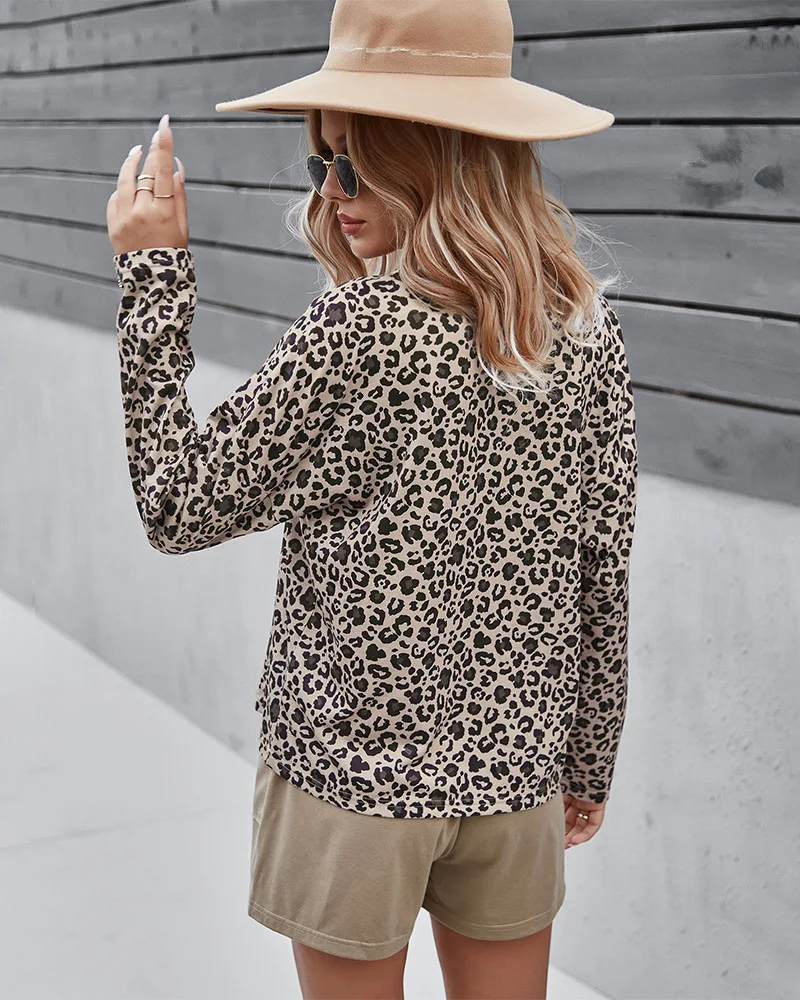 

Donsignet Fashion Women's Suit Summer Casual Round Neck Pullover Leopard Print Button Loose Plus Size Long Sleeve Two-piece Suit