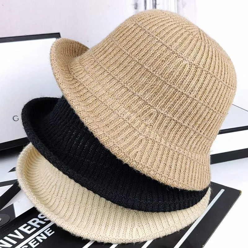 Cashmere knitted checkered Bucket Hat Women Fall Winter warm knitted Wool hat simple and elegant solid fisherman hat Basin cap