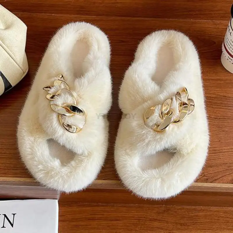 Summer Fluffy Women Slippers Gold Chain Fur Fox Flip Flop Flat Slides Indoor Ytmtloy House Shoes Zapatillas Mujer Casa | Обувь