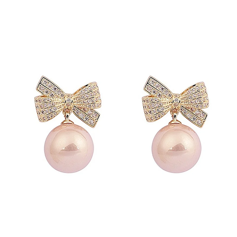 

Fashion S925 Silver Needle Champagne Pearl Earrings Micro-inlaid Zircon Bow Earrings Cold Style Women's Earrings