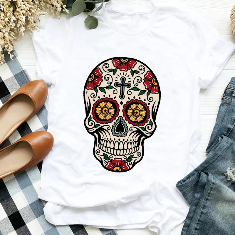 Женская одежда с цветочным принтом и черепом осенняя Футболка на Хэллоуин