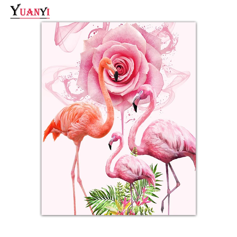 Полностью круглая Алмазная мозаика фламинго и розовый цветок полная квадратная