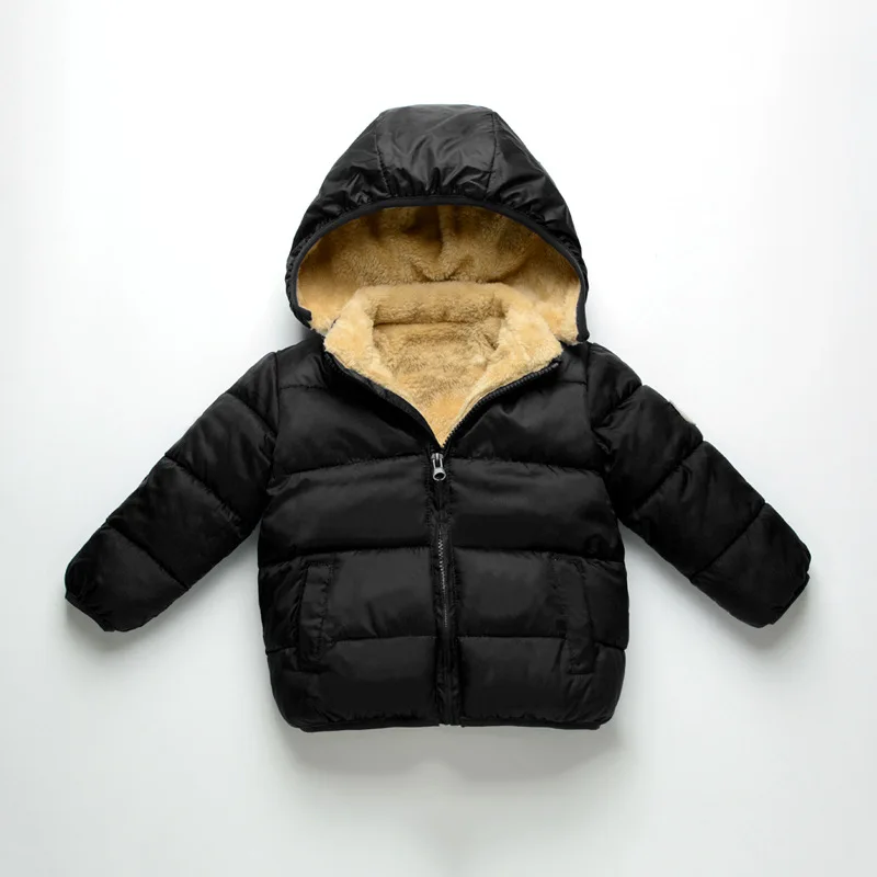 

Winter new boys and girls solid color hooded cotton-padded jacket children's lamb velvet thickened plus velvet jacket short baby