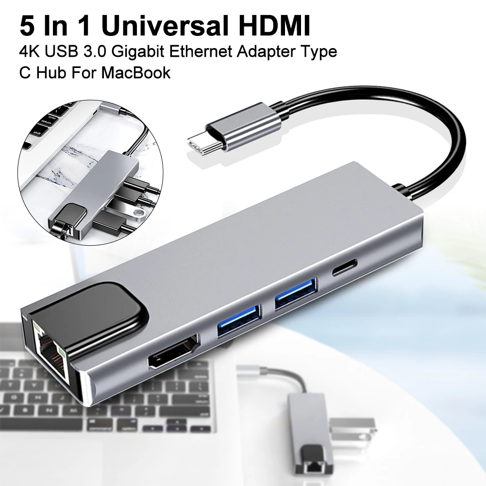 

5 In 1 Gigabit Ethernet USB 3.0 Type C Hub Aluminum Alloy U Disk High Speed Stable Adapter for 4K PD Fast Charging for MacBook