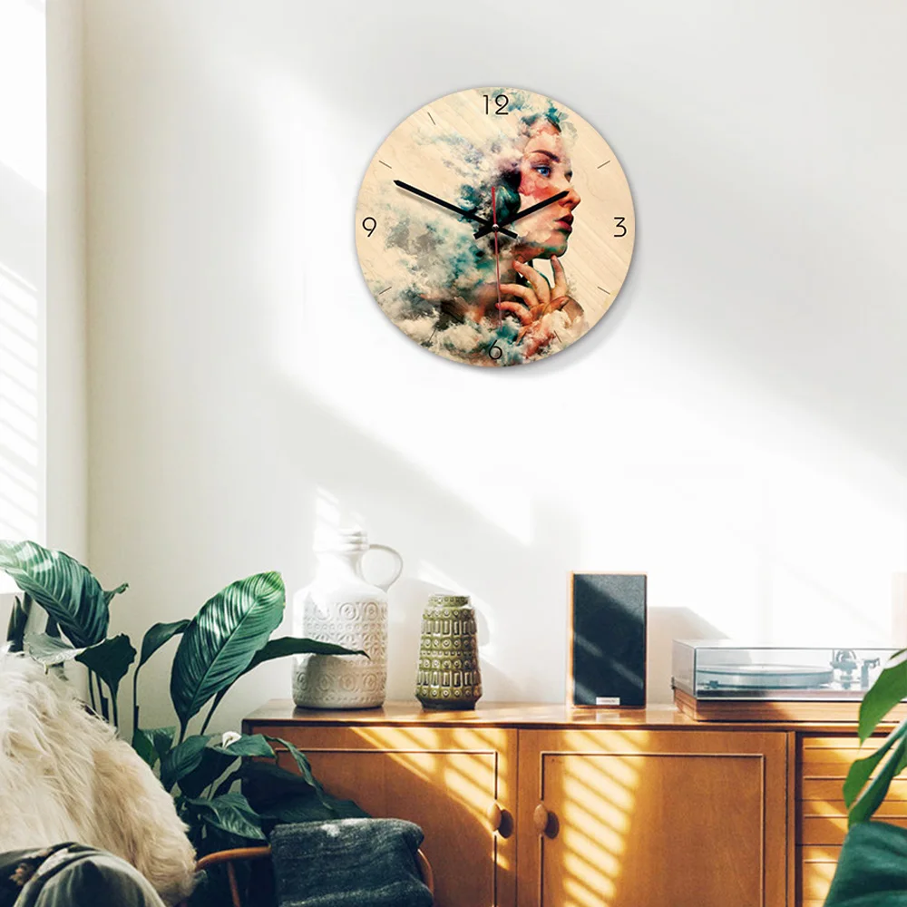 M.Sparkling Wooden Wall Clock Creative Watercolor Art Modern Design Living Room Reloj Pared 11inch Silent Watch | Дом и сад