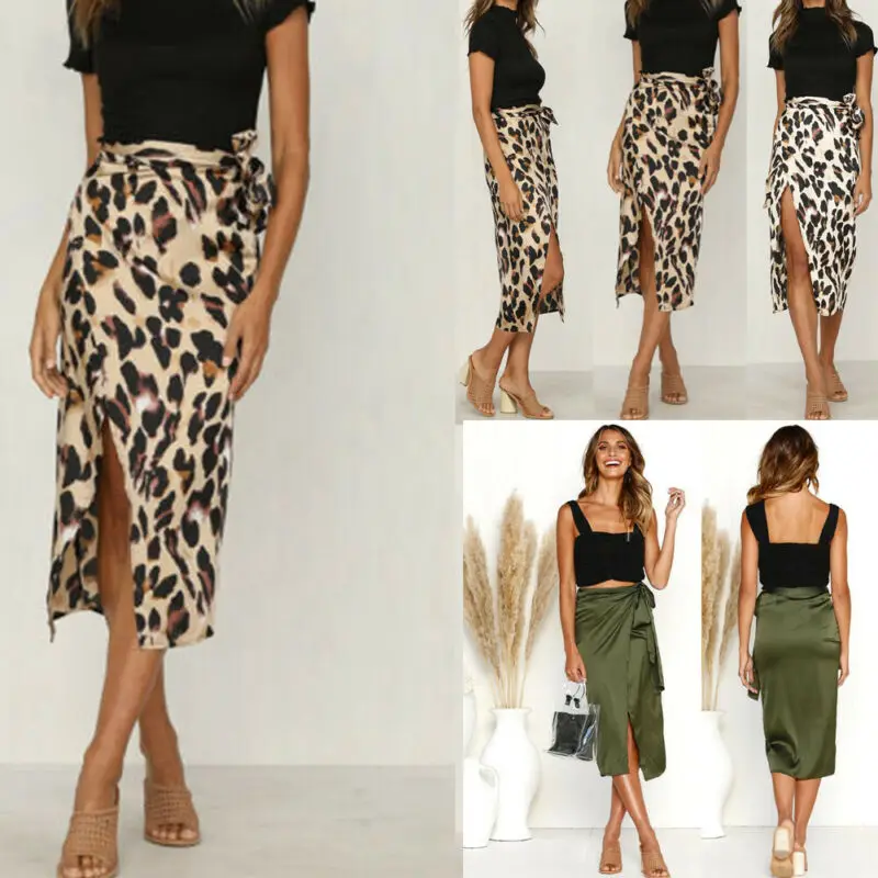 Leopard Print Fishtail Skirts Retro Satin Mid Flareskirt High Waist Pencil Skirt | Женская одежда
