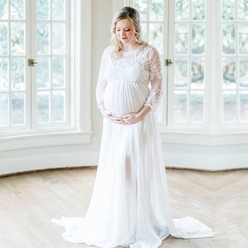 

Шифоновое длинное платье с длинным рукавом и кружевом для беременных