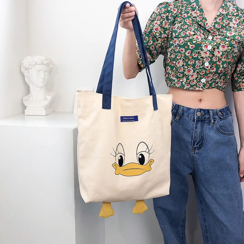 

Womne's Cute Cartoon Canvas Tote Bag Duck Large Capacity Shoulder Bag Female Soft Foldable Portable Crossbody Tote Bag 2021 New