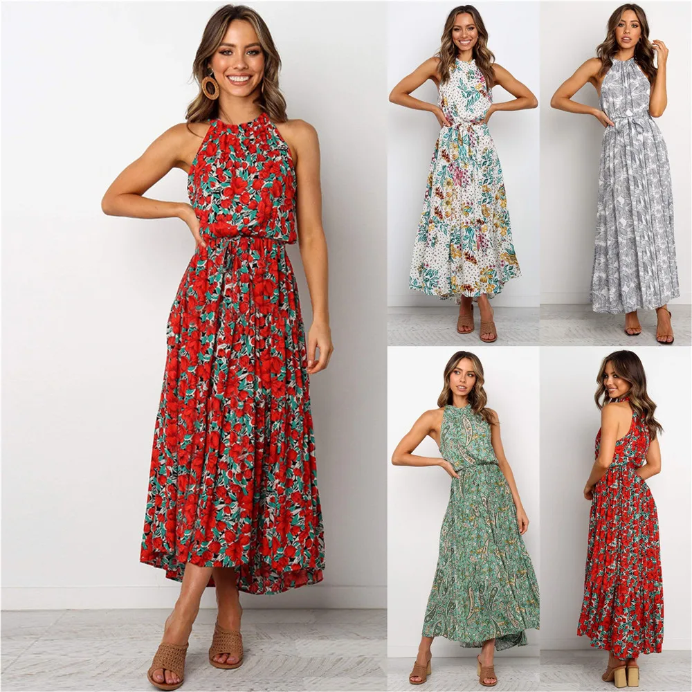 

Floral Leaves Print Sleeveless Round Neck Dress A-Line O-Neck Long Dresses with Sashes Women Summer Print Bohemian Maxi Dress