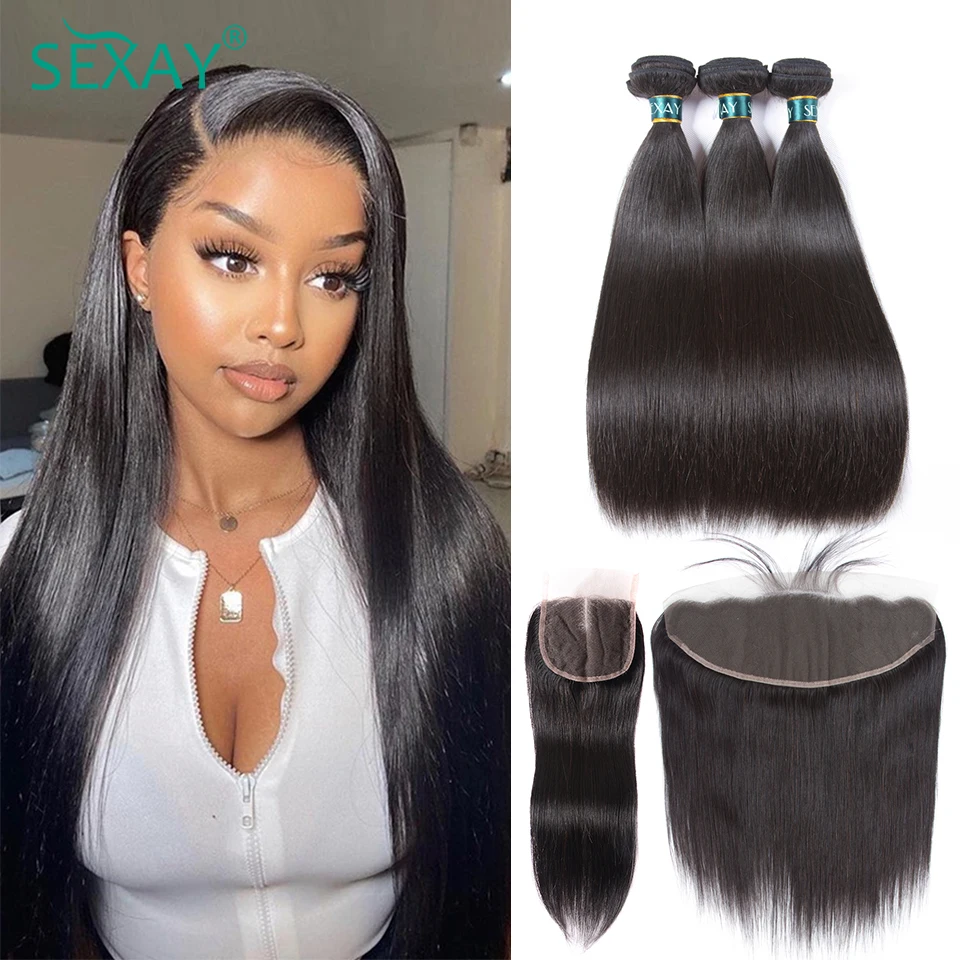 Sexay 28 Straight Bundles With Closure Remy Brazilian Hair Extensions Human Hair 3 Bundles With 13x4 Lace Frontals Pre Plucked