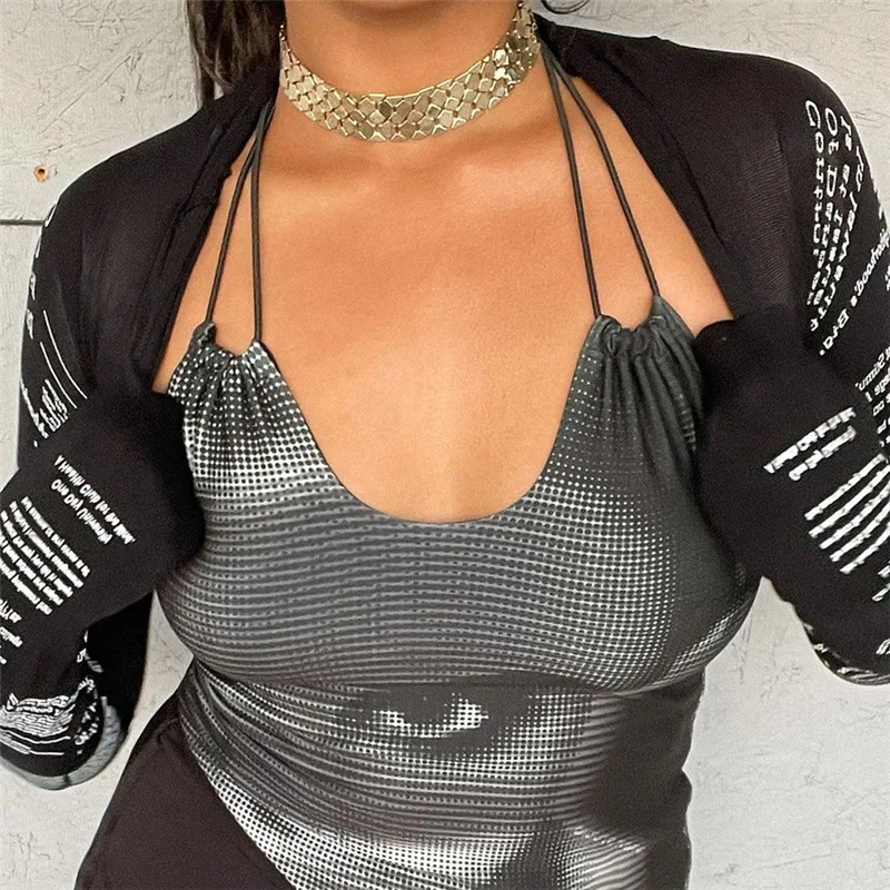 

New Fashion Printed 2 Pieces Vest Women Long Sleeve Sexy Bandage V Neck Cute Camis Nightclub Party Sexy Outfits Elegant Female