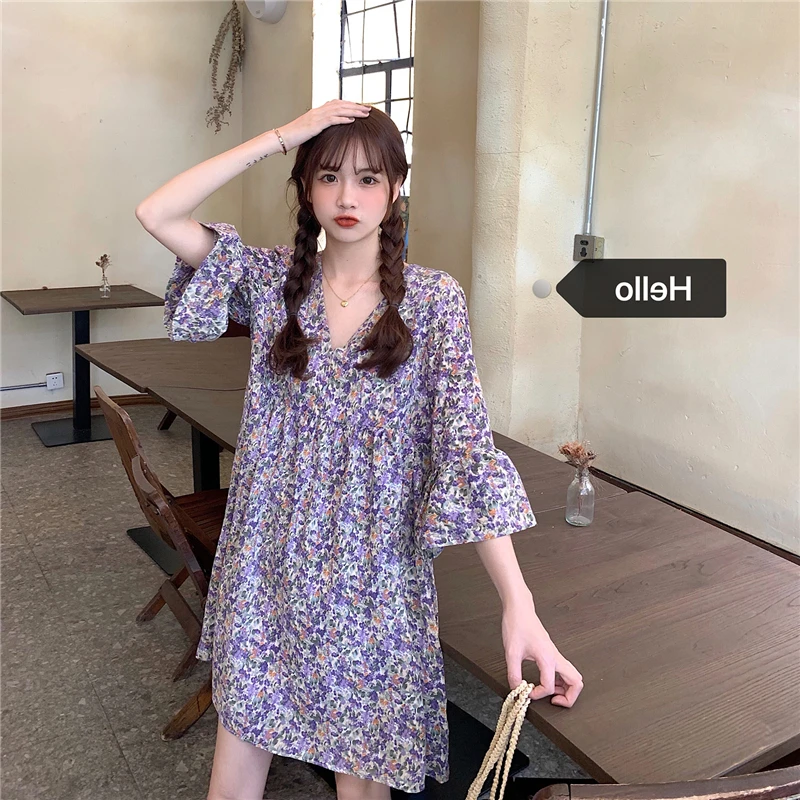 

2021 Summer Fashion Casual Floral Dress Women V-Neck Short Sleeve temperament Clothing Skirt Ladies Slim Dress Female M40